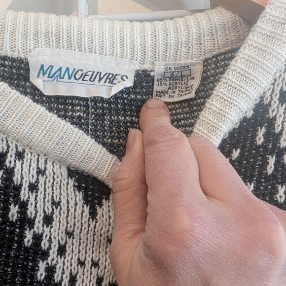 90s Vintage Olive, White And Black Knit -  Ramie Blend, Size L/XL - Picture 6 of 7